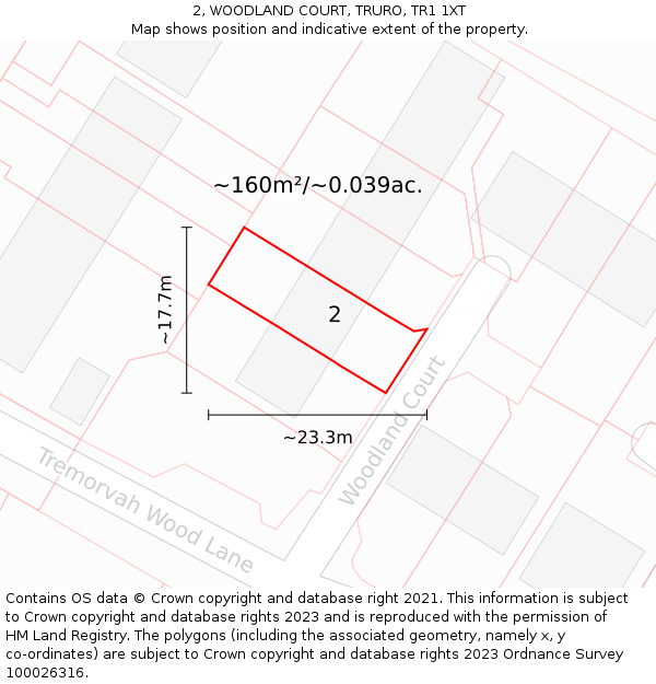 2, WOODLAND COURT, TRURO, TR1 1XT: Plot and title map