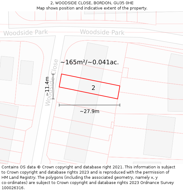 2, WOODSIDE CLOSE, BORDON, GU35 0HE: Plot and title map