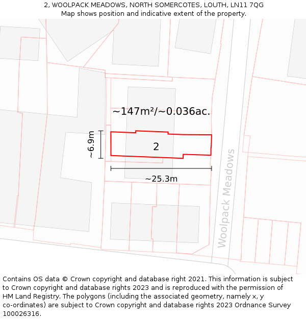 2, WOOLPACK MEADOWS, NORTH SOMERCOTES, LOUTH, LN11 7QG: Plot and title map