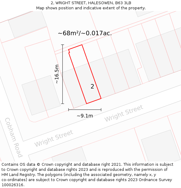 2, WRIGHT STREET, HALESOWEN, B63 3LB: Plot and title map