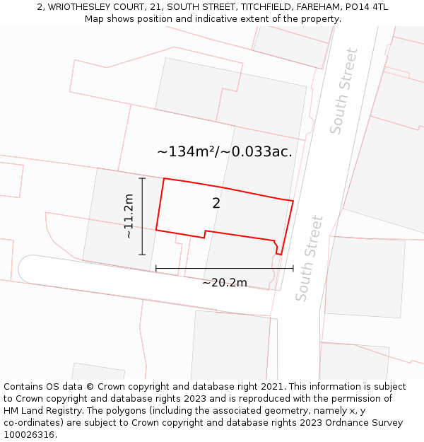 2, WRIOTHESLEY COURT, 21, SOUTH STREET, TITCHFIELD, FAREHAM, PO14 4TL: Plot and title map