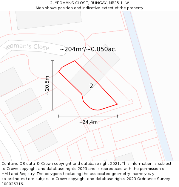 2, YEOMANS CLOSE, BUNGAY, NR35 1HW: Plot and title map