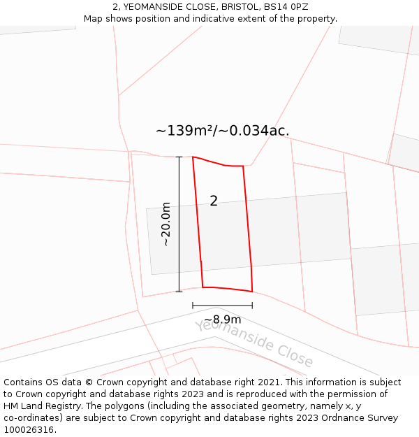 2, YEOMANSIDE CLOSE, BRISTOL, BS14 0PZ: Plot and title map