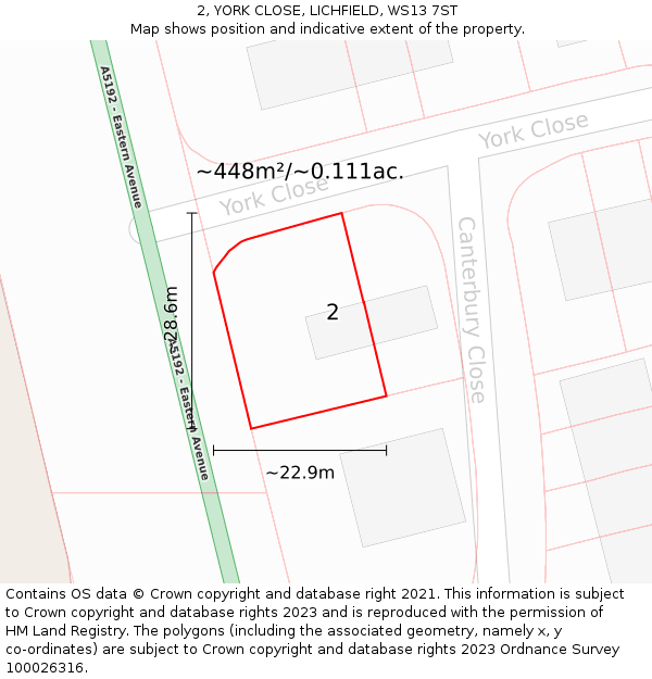 2, YORK CLOSE, LICHFIELD, WS13 7ST: Plot and title map