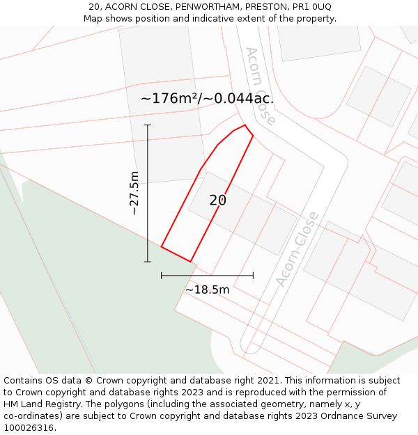 20, ACORN CLOSE, PENWORTHAM, PRESTON, PR1 0UQ: Plot and title map