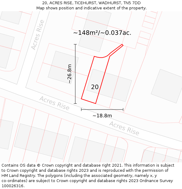 20, ACRES RISE, TICEHURST, WADHURST, TN5 7DD: Plot and title map