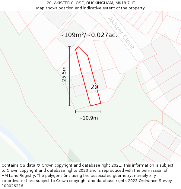 20, AKISTER CLOSE, BUCKINGHAM, MK18 7HT: Plot and title map
