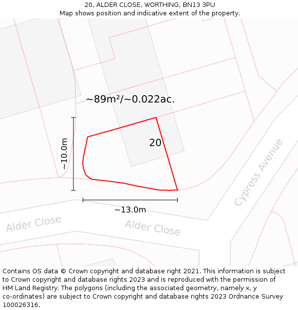 20, ALDER CLOSE, WORTHING, BN13 3PU: Plot and title map