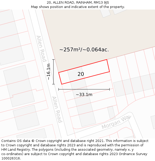 20, ALLEN ROAD, RAINHAM, RM13 9JS: Plot and title map