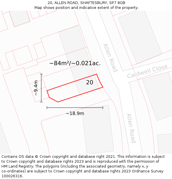 20, ALLEN ROAD, SHAFTESBURY, SP7 8GB: Plot and title map