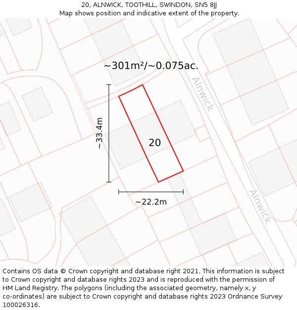 20, ALNWICK, TOOTHILL, SWINDON, SN5 8JJ: Plot and title map