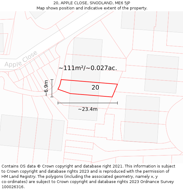 20, APPLE CLOSE, SNODLAND, ME6 5JP: Plot and title map