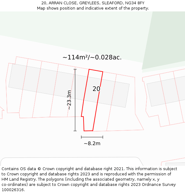 20, ARRAN CLOSE, GREYLEES, SLEAFORD, NG34 8FY: Plot and title map