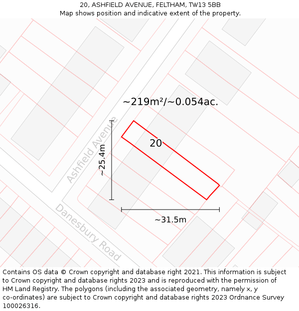 20, ASHFIELD AVENUE, FELTHAM, TW13 5BB: Plot and title map