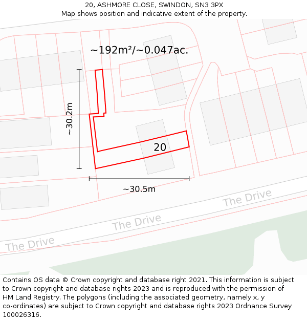 20, ASHMORE CLOSE, SWINDON, SN3 3PX: Plot and title map