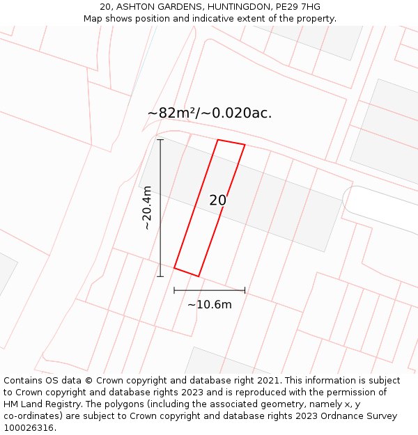 20, ASHTON GARDENS, HUNTINGDON, PE29 7HG: Plot and title map