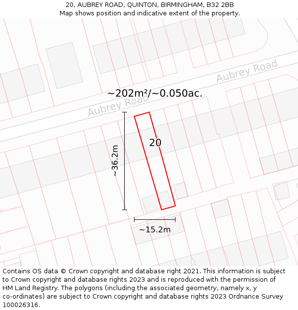 20, AUBREY ROAD, QUINTON, BIRMINGHAM, B32 2BB: Plot and title map