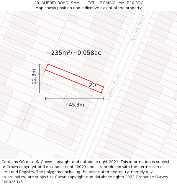 20, AUBREY ROAD, SMALL HEATH, BIRMINGHAM, B10 9DG: Plot and title map