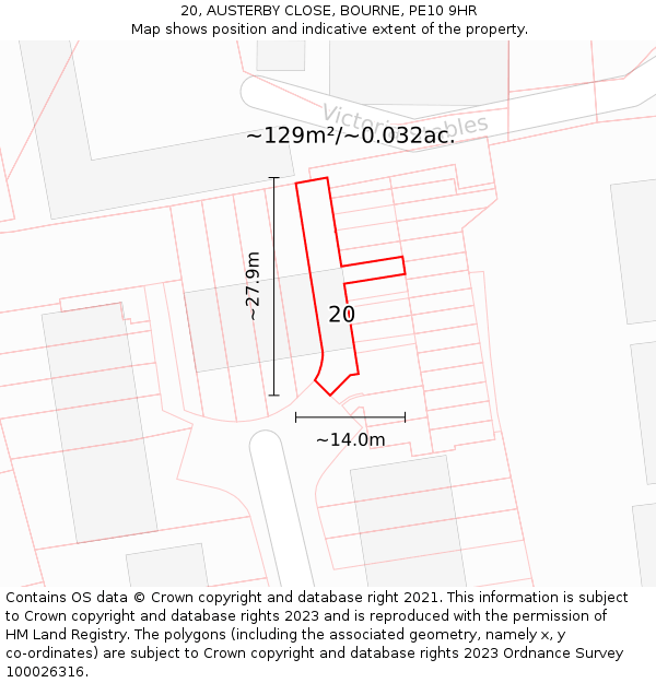20, AUSTERBY CLOSE, BOURNE, PE10 9HR: Plot and title map