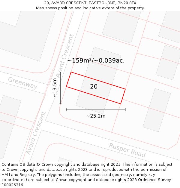 20, AVARD CRESCENT, EASTBOURNE, BN20 8TX: Plot and title map