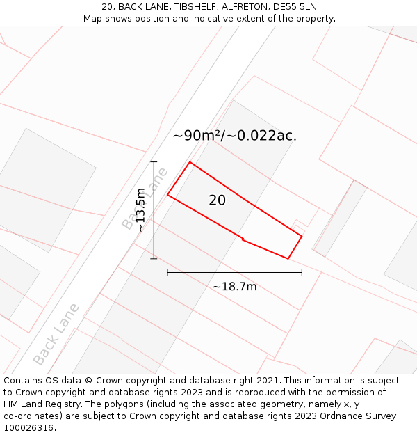 20, BACK LANE, TIBSHELF, ALFRETON, DE55 5LN: Plot and title map