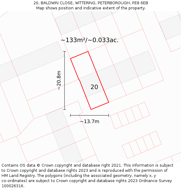 20, BALDWIN CLOSE, WITTERING, PETERBOROUGH, PE8 6EB: Plot and title map