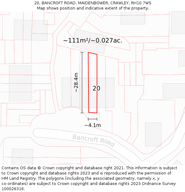 20, BANCROFT ROAD, MAIDENBOWER, CRAWLEY, RH10 7WS: Plot and title map