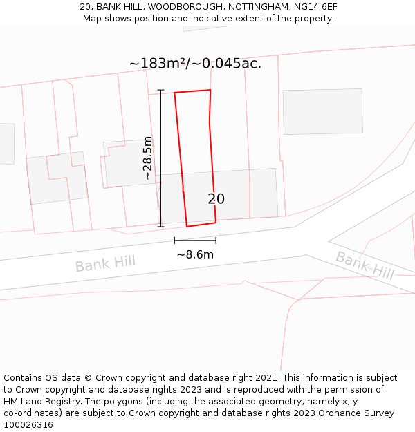 20, BANK HILL, WOODBOROUGH, NOTTINGHAM, NG14 6EF: Plot and title map
