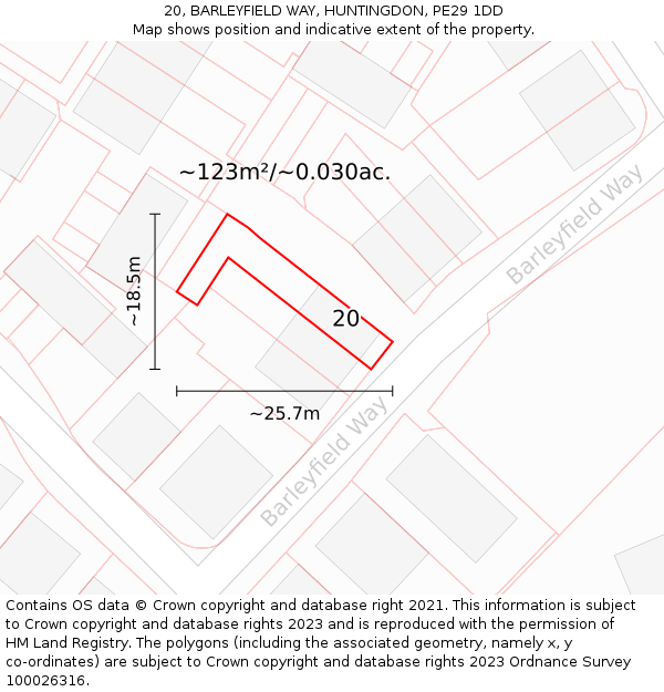 20, BARLEYFIELD WAY, HUNTINGDON, PE29 1DD: Plot and title map