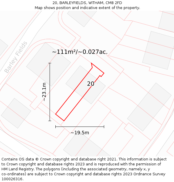20, BARLEYFIELDS, WITHAM, CM8 2FD: Plot and title map