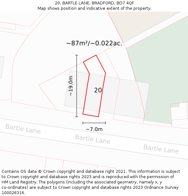 20, BARTLE LANE, BRADFORD, BD7 4QF: Plot and title map