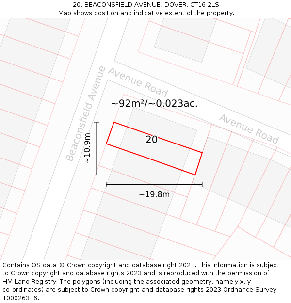 20, BEACONSFIELD AVENUE, DOVER, CT16 2LS: Plot and title map