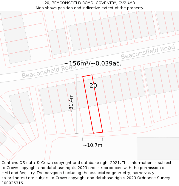 20, BEACONSFIELD ROAD, COVENTRY, CV2 4AR: Plot and title map