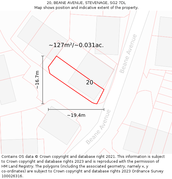 20, BEANE AVENUE, STEVENAGE, SG2 7DL: Plot and title map