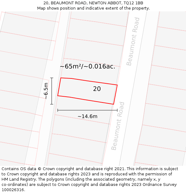 20, BEAUMONT ROAD, NEWTON ABBOT, TQ12 1BB: Plot and title map