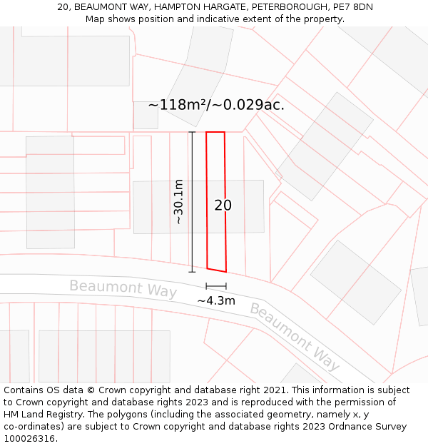 20, BEAUMONT WAY, HAMPTON HARGATE, PETERBOROUGH, PE7 8DN: Plot and title map