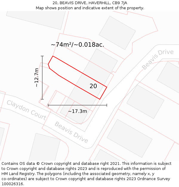 20, BEAVIS DRIVE, HAVERHILL, CB9 7JA: Plot and title map
