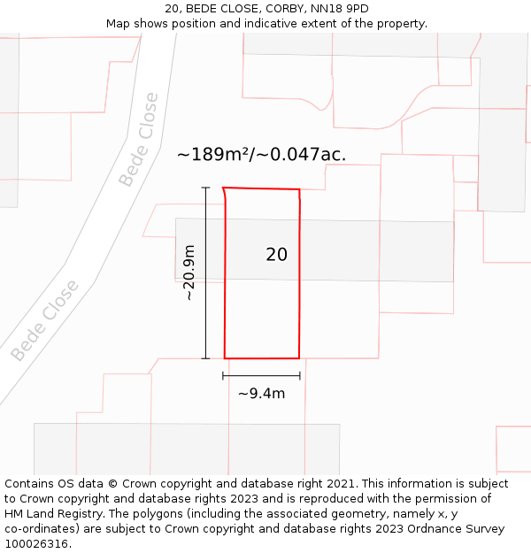 20, BEDE CLOSE, CORBY, NN18 9PD: Plot and title map