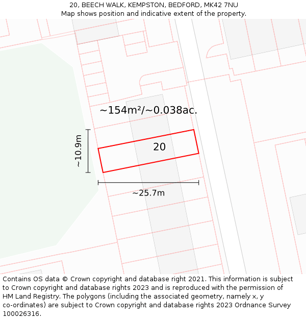 20, BEECH WALK, KEMPSTON, BEDFORD, MK42 7NU: Plot and title map