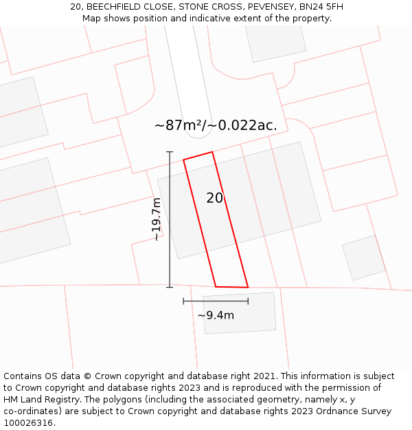 20, BEECHFIELD CLOSE, STONE CROSS, PEVENSEY, BN24 5FH: Plot and title map