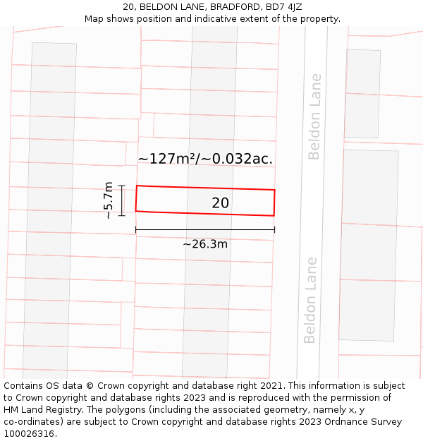 20, BELDON LANE, BRADFORD, BD7 4JZ: Plot and title map