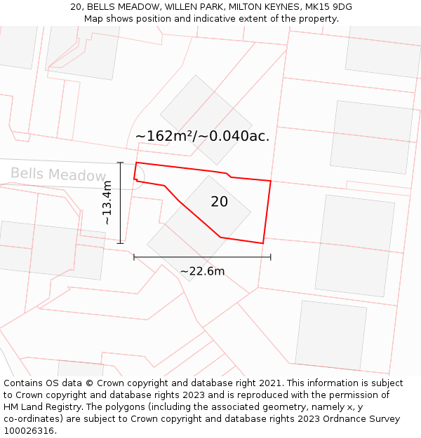 20, BELLS MEADOW, WILLEN PARK, MILTON KEYNES, MK15 9DG: Plot and title map