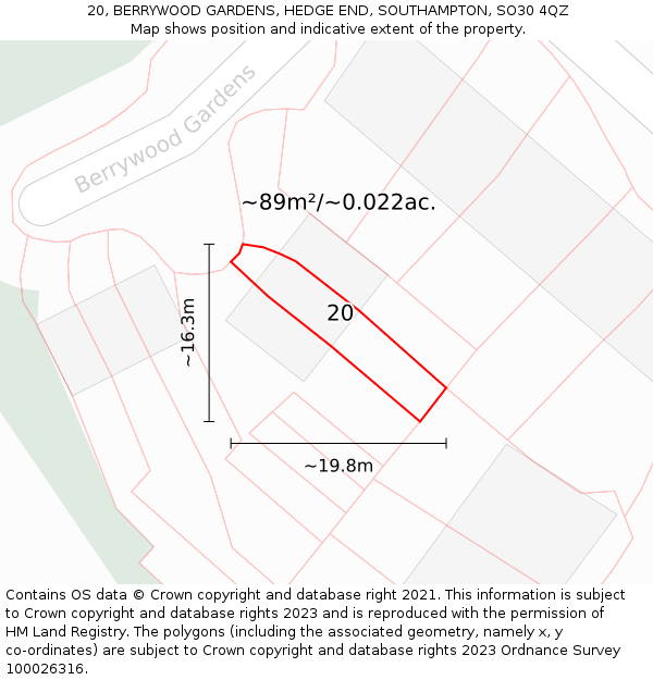 20, BERRYWOOD GARDENS, HEDGE END, SOUTHAMPTON, SO30 4QZ: Plot and title map