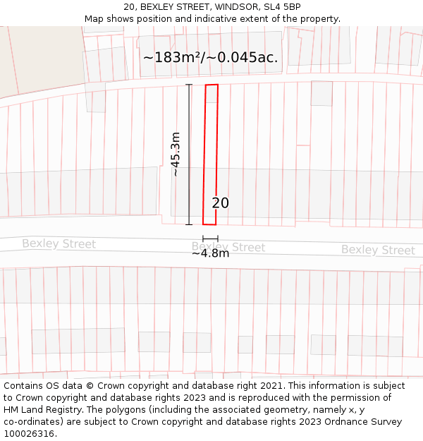 20, BEXLEY STREET, WINDSOR, SL4 5BP: Plot and title map