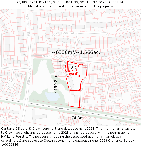20, BISHOPSTEIGNTON, SHOEBURYNESS, SOUTHEND-ON-SEA, SS3 8AF: Plot and title map