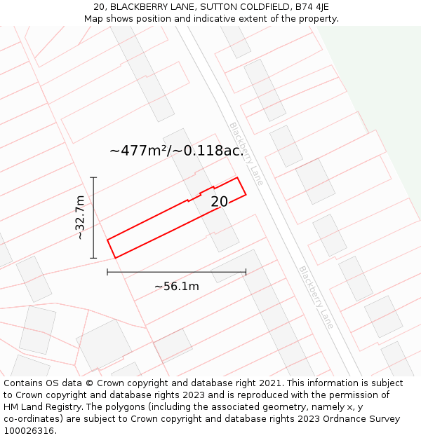 20, BLACKBERRY LANE, SUTTON COLDFIELD, B74 4JE: Plot and title map