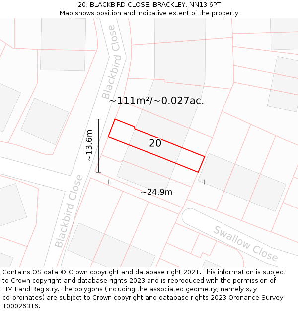 20, BLACKBIRD CLOSE, BRACKLEY, NN13 6PT: Plot and title map