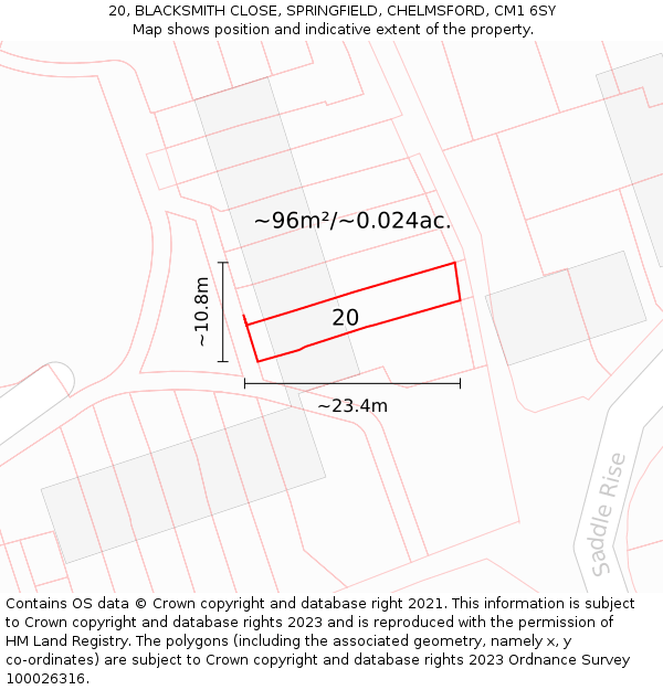 20, BLACKSMITH CLOSE, SPRINGFIELD, CHELMSFORD, CM1 6SY: Plot and title map