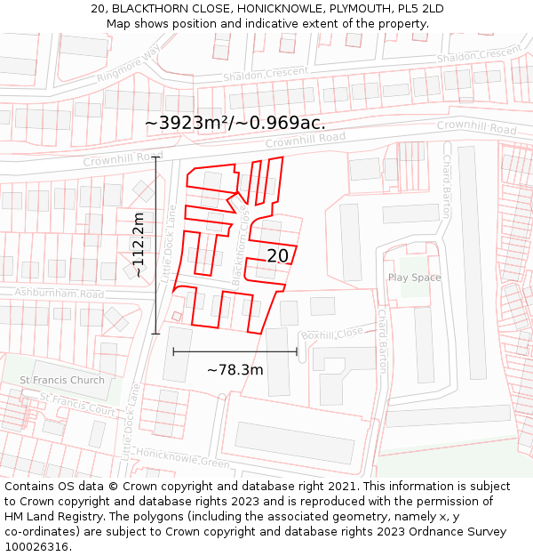 20, BLACKTHORN CLOSE, HONICKNOWLE, PLYMOUTH, PL5 2LD: Plot and title map
