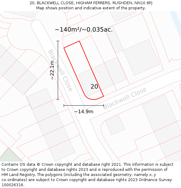 20, BLACKWELL CLOSE, HIGHAM FERRERS, RUSHDEN, NN10 8PJ: Plot and title map